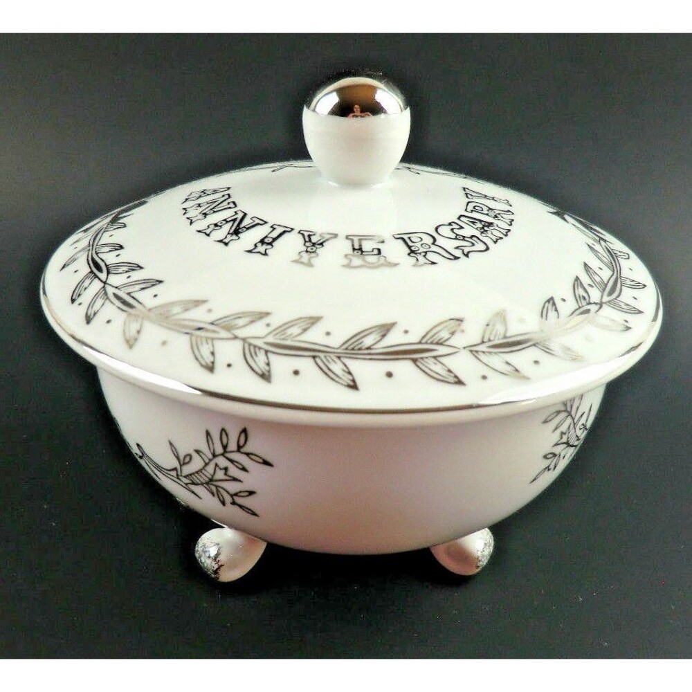 Lefton Silver 25th Anniversary Vintage Footed Candy Dish & Lid Hand Painted 2604